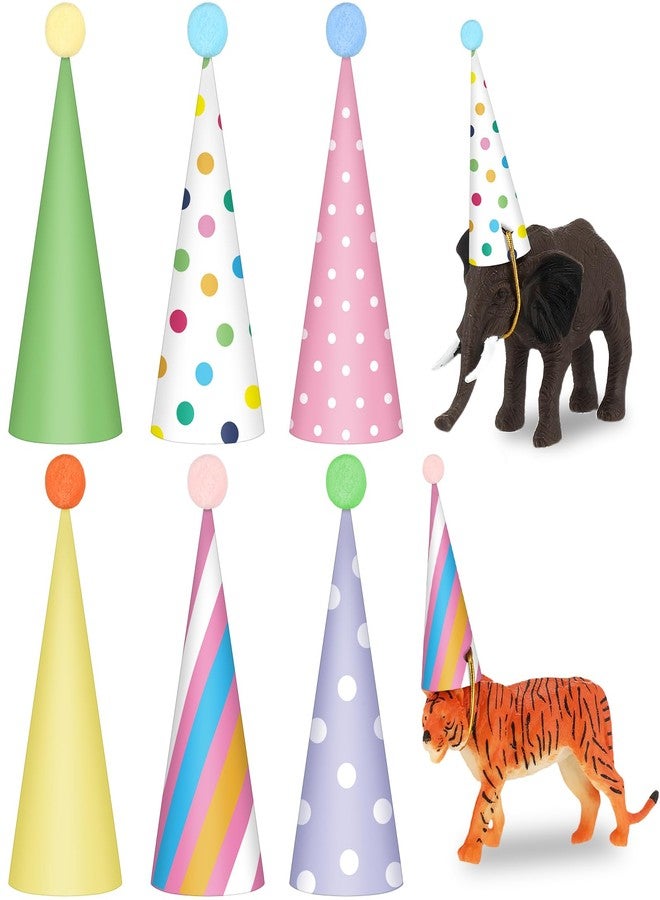 Trandraft 36 Pcs Colorful Mini Paper Cone Birthday Party Hats with Pom Poms and Animal Figures - Image 1